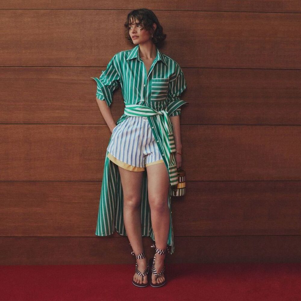 Rosie Assoulin Green, Blue and Yellow Striped Jean Shorts
